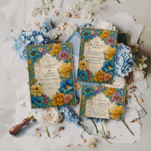 Teal Gold Botanical Wedding RSVP Card