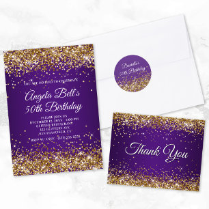 Gold Glitter Royal Purple Monogram 50th Birthday Invitation