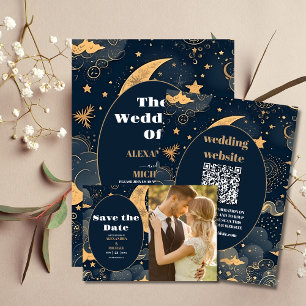 Midnight Blue Gold Celestial Wedding All In One Invitation