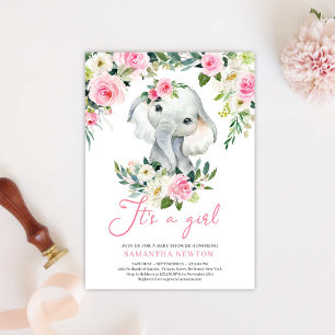 Cute Elephant Blush Pink Floral Baby Shower Invite