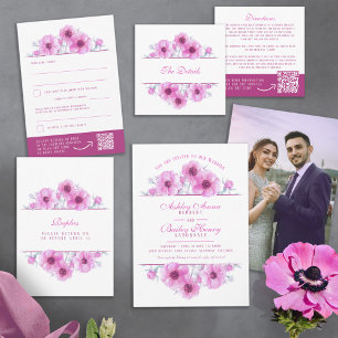 Pink anemone floral watercolor wedding invites
