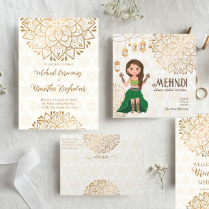 Mehndi budget invite with cute Indian henna bride
