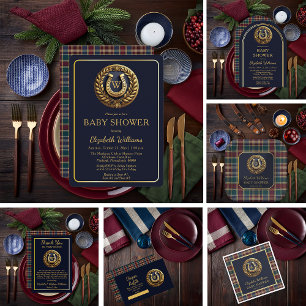 Preppy Horseshoe Plaid Monogram Baby Shower Invitation