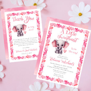 Elephant Pink Hearts Girl Baby Shower Thank You Card
