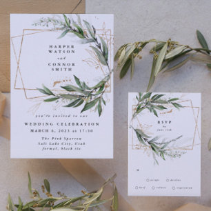Gold Geometric Eucalyptus Elegant Greenery Moss Invitation