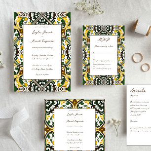 Green yellow Mediterranean ornate tile wedding Invitation