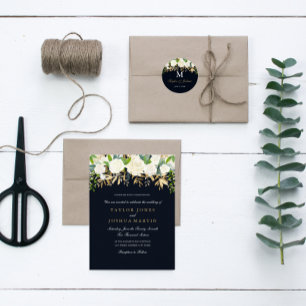 Navy Gold Floral Watercolor Wedding Invitation