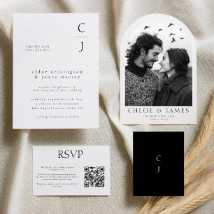 Wedding Monogram Modern Black White Custom QR Code Invitation