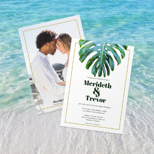 Tropical Beach Monstera Leaf Gold Modern Bold Text Invitation