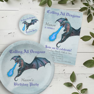 Blue Fire Breathing Dragon Serpent Birthday Party Invitation