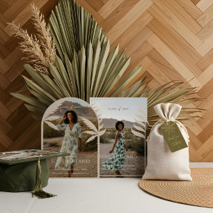 Boho Retro Tropical Palm Tree Graduation Photo Invitation