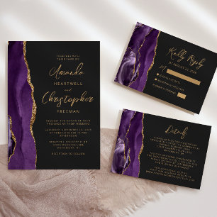 Purple Agate Modern Gold Script Slate Wedding Invitation