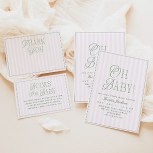 Preppy Pink & Green Girl Stripe Baby Shower Thank You Card