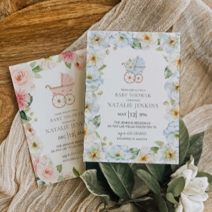 Blue Floral Boy Baby Shower Invitation 