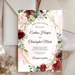 Gorgeous deep red merlot gold geometric wedding invitation