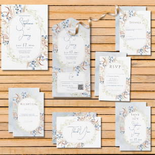 Blue Dried Boho Flowers White Wedding Invitation