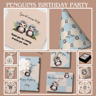 Cute Penguins for Girl Bilingual Happy Birthday  Wrapping Paper Sheet