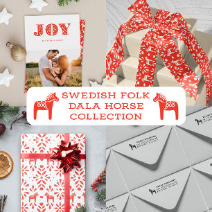 Red Swedish Dala Horse White Holiday Gift Wrap
