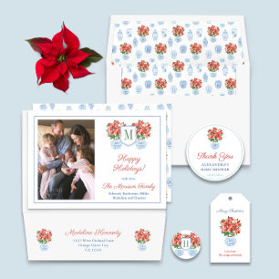 Holidays Chinoiserie Red Poinsettia Lined Envelope