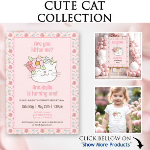 Kitten Kitty Cat Pink Girl 1st Birthday Invitation