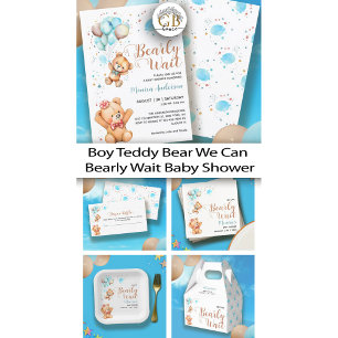 Boy Teddy Bear We Can Bearly Wait Baby Shower Invitation