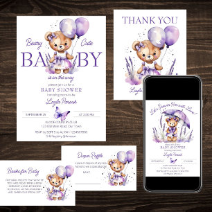 Beary cute teddy bear purple lavender baby shower invitation