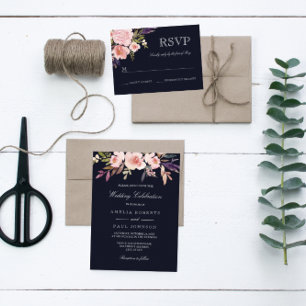 Watercolor Peonies Navy Pink Wedding Invitation