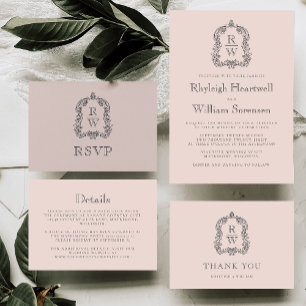 Classic Blush Pink Monogram Wreath Script Invitation