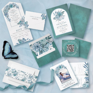 Teal and aqua blue flowers and arch wedding all in one invitation