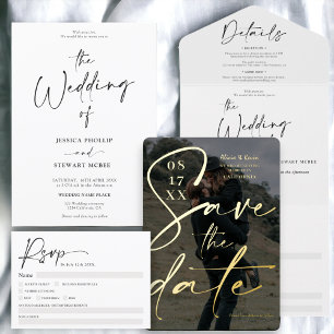 Elegant black white all in one calligraphy wedding invitation