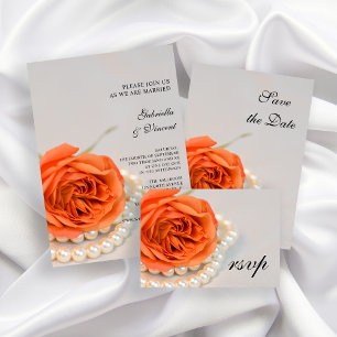 Orange Rose and White Pearls Wedding Save the Date Invitation