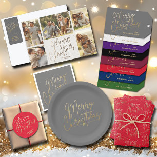 Gold Script Merry Christmas on Red Classic Round Sticker