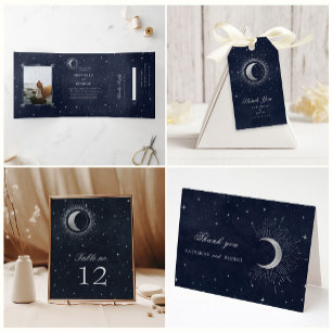 Celestial Midnight Blue Silver Stars Wedding Invitation