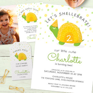 Tortoise, green yellow, kid's birthday invitation