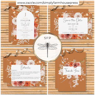 Boho Burnt Orange Floral Arch Monogram Rust Thank You Card