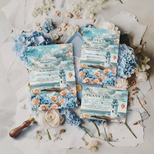 Pastel Coastal Lighthouse Ocean Wedding Invitation