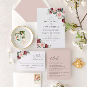 Budget Burgundy Blush Floral Wedding Invitation
