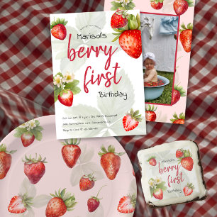 Berry First Watercolor Strawberry 1st Birthday Invitation