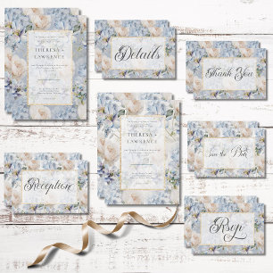 Blue & White Rustic Floral Gold Frame Wedding Invitation