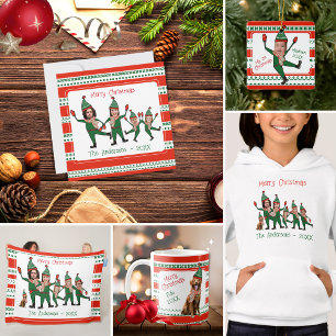 Funny Elf Family of Four Photo Red Green Christmas Holiday Card