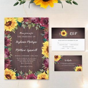 Rustic Sunflower Wood Floral Border Wedding Invitation