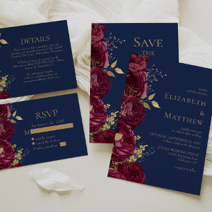 Burgundy Gold Navy Blue Floral Save the Date Announcement