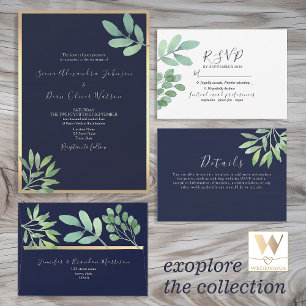 Rustic Eucalyptus Navy Blue Wedding All In One Invitation