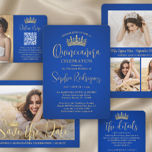 Simply Elegant Quinceañera 3 Photo Royal Blue Gold Invitation