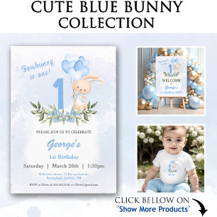 Cute Bunny Blue 1st Birthday Name Greenery Spring Baby T-Shirt