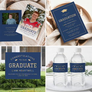 Sporty Navy Blue Gold Graduation Party Invitation