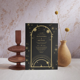 Mystical Black Gold Celestial Stars Wedding  Invitation