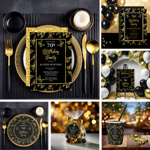 Elegant Black Gold Butterflies 70th Birthday Party Invitation