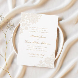 Delicate Lace Corner Ivory and Gold Script Wedding Invitation