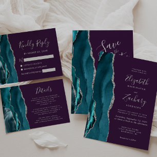 Teal Blue Silver Agate Purple Save the Date Card